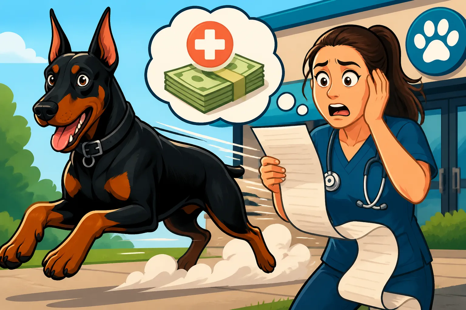 The Vet Bills a Doberman Runs Up Outside Screening