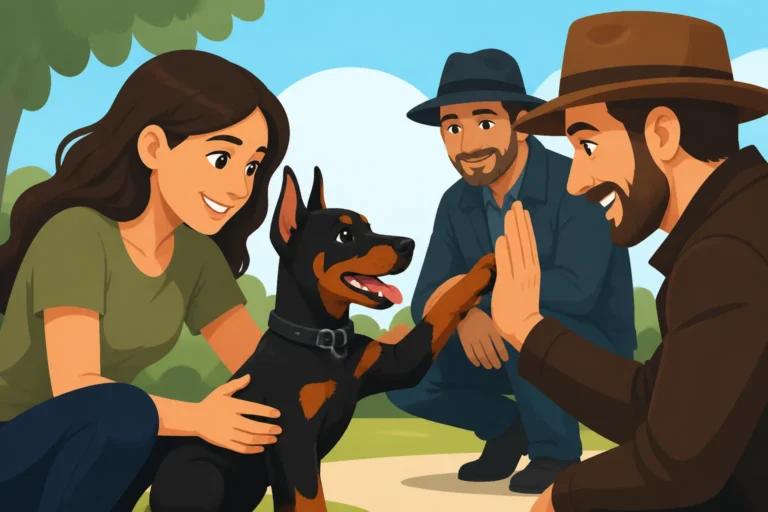 Meeting Men in Hats With a Doberman Puppy