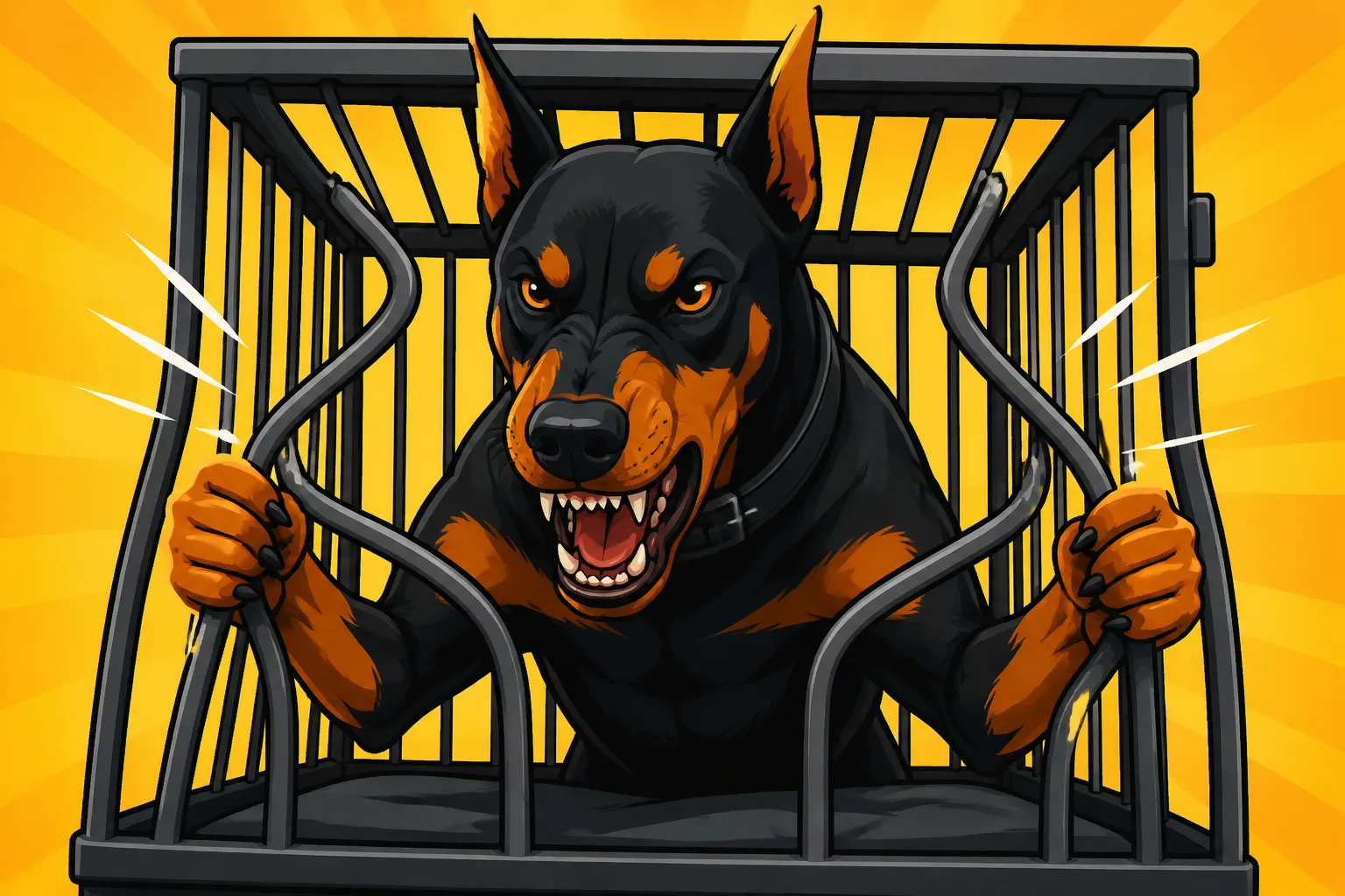A Doberman That Bends Crate Bars Trying to Get Out