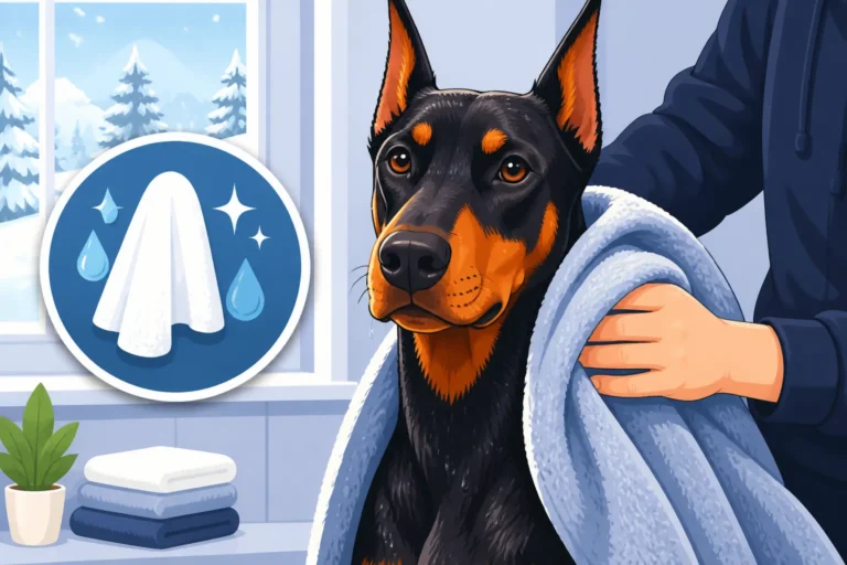 Drying a Doberman After a Winter Bath