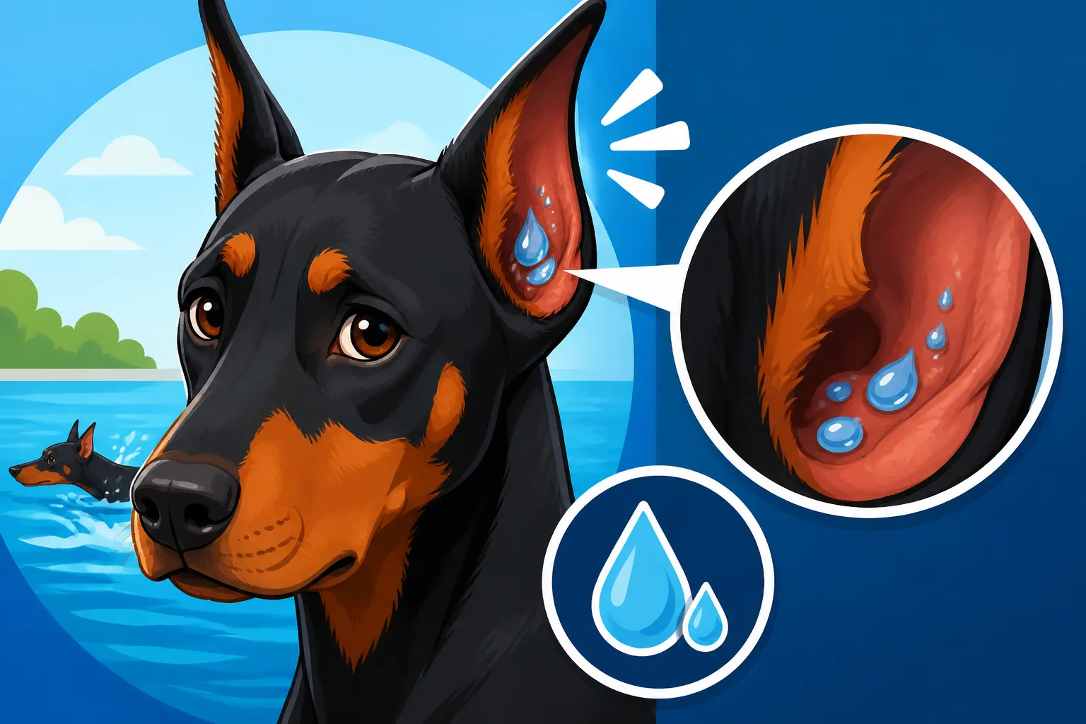 Water Trapped in a Doberman's Ear After Swimming